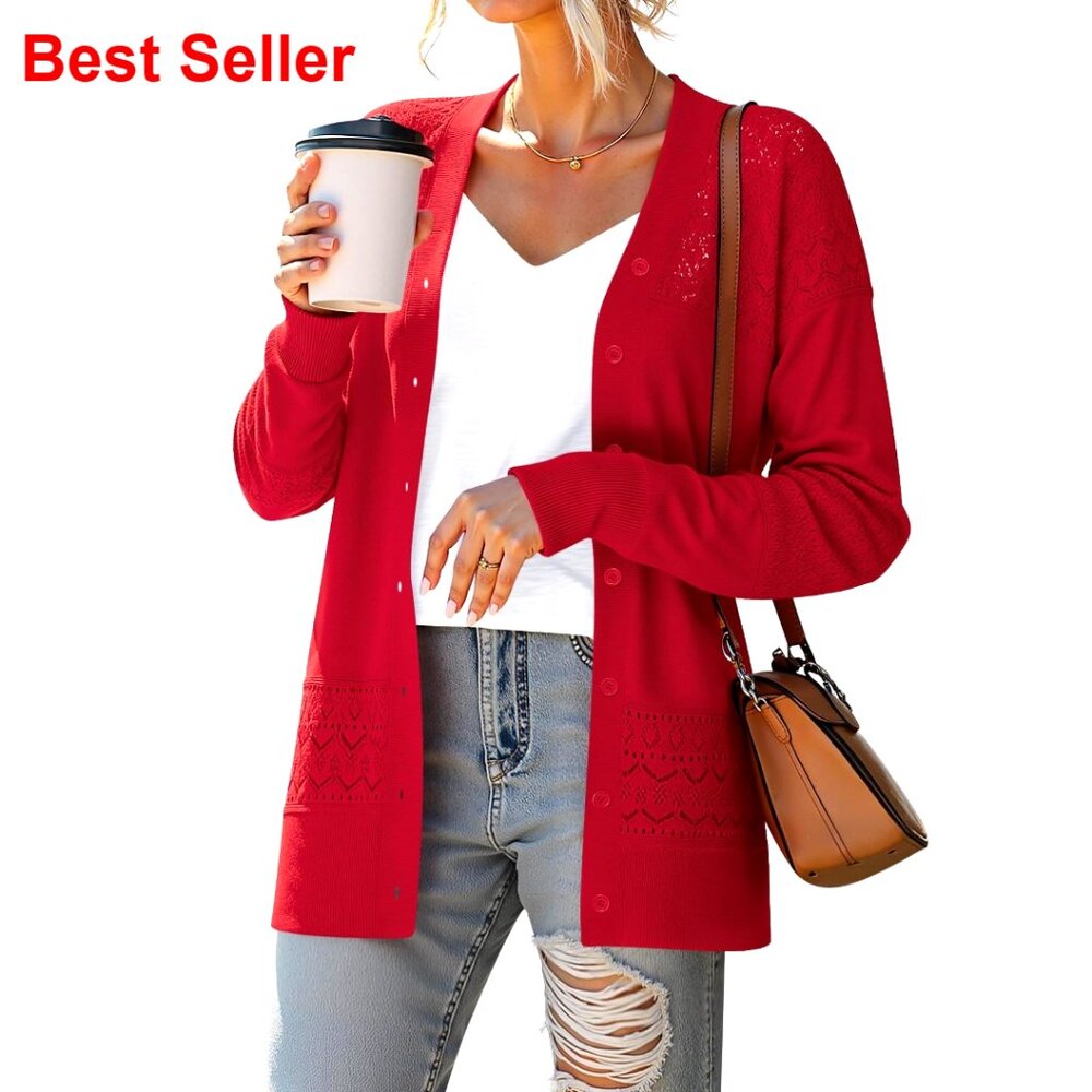 Lightweight V-Neck Cardigan With Crochet Detailing, Long Sleeves, 100% Viscose